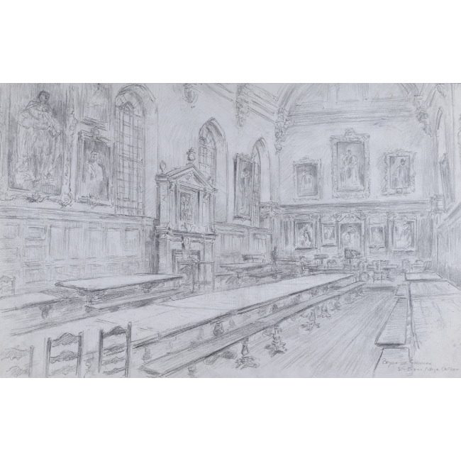 Bryan de Grineau St John's College Oxford Hall pencil drawing for sale
