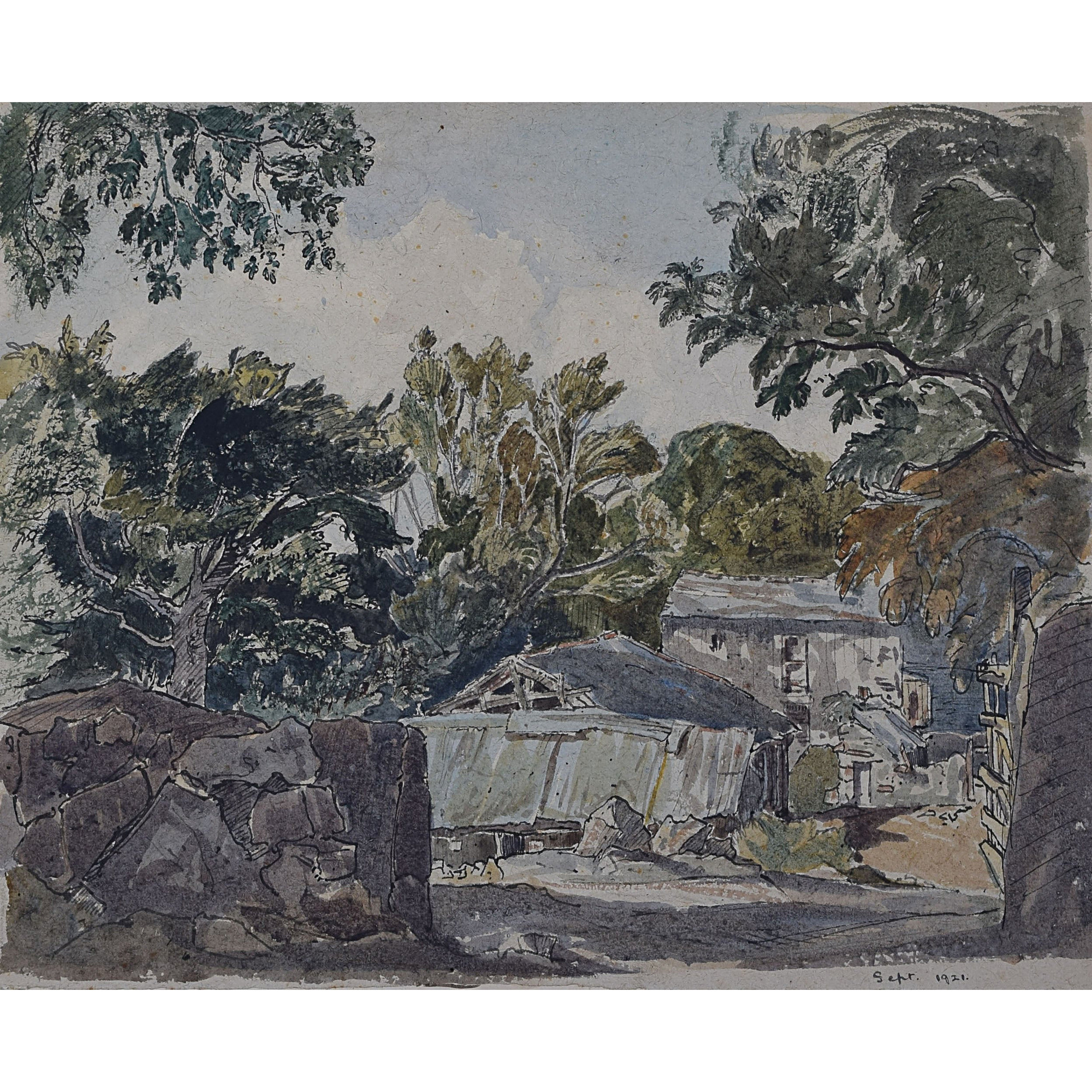 Claude Muncaster Farmstead and Trees watercolour for sale