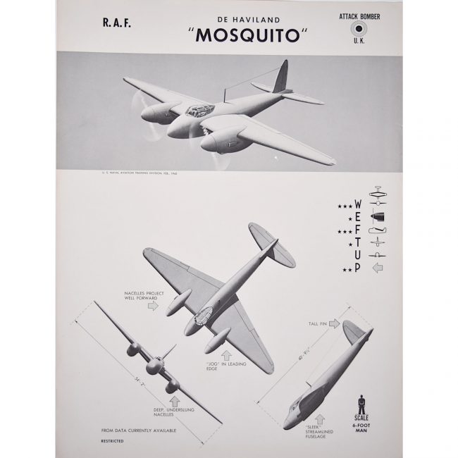 DH Mosquito RAF fighter bomber original aircraft recognition poster WW2