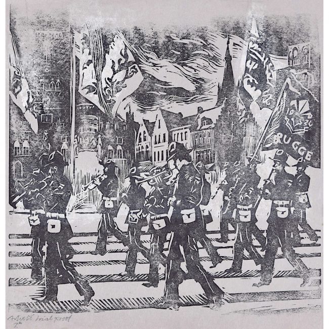 Percy Drake Brookshaw Linocut of Marching Band Brugge (on grey)