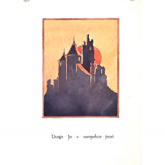 Douglas Hadden Design for Art Deco Castle Marquetry Panel 1927 for Furniture Hammer London
