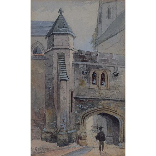 Old Gateway, Merton College Oxford watercolour with academic c. 1900