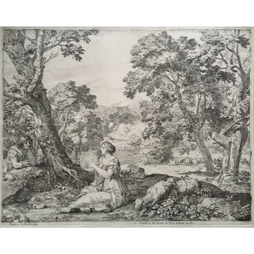 Pair of engravings: Landscape with Shepherdess/Echo & Narcissus