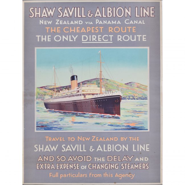Shaw Savill Line by A E Agar poster Ocean Liners c1940s New Zealand via Panama