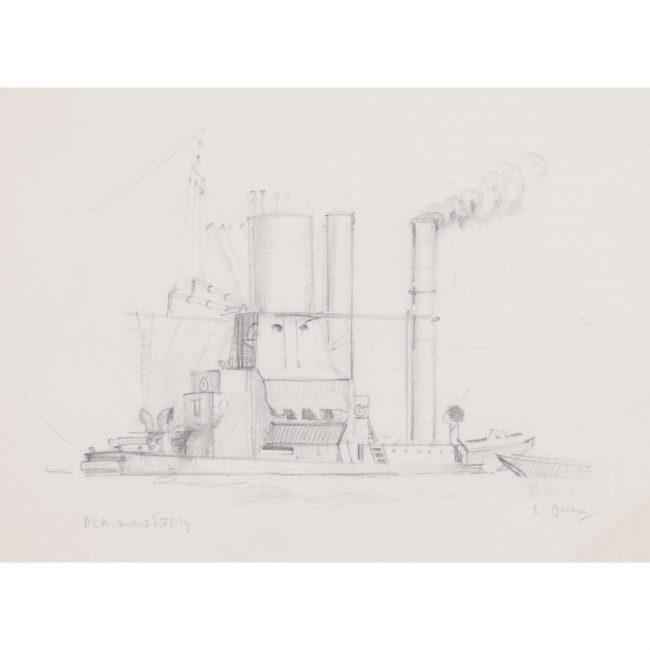 Laurence Dunn, Pencil drawing of PLA ship before industrial plant, inscribed 'PLA Monstrosity.'