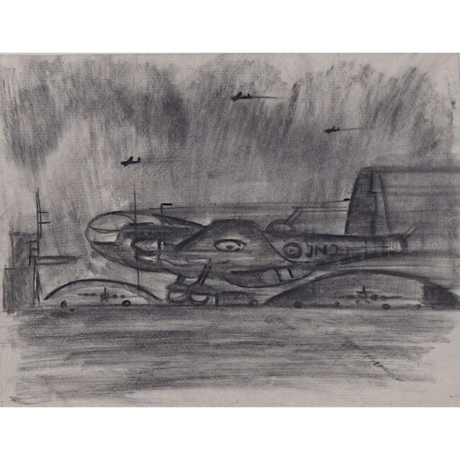 Bomber plane landing, charcoal sketch
