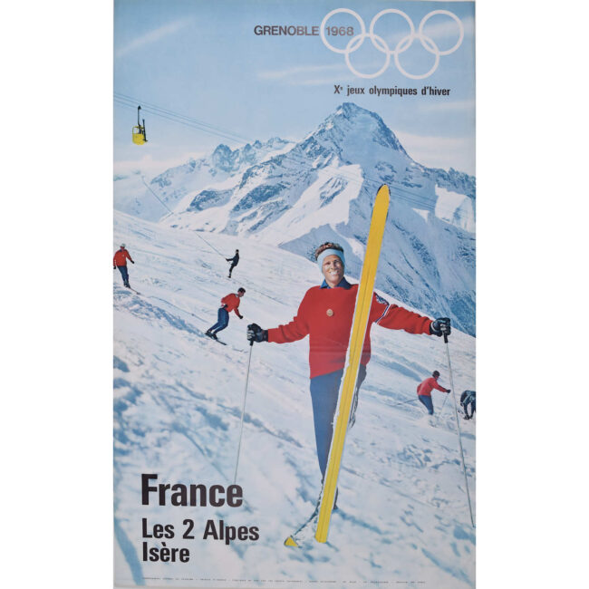 Original vintage skiing poster, Les 2 alpes Isères